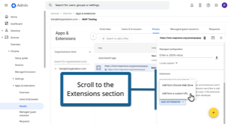 Screenshot of the Google Admin console on the “Devices > Chrome > Apps & extensions” page with the “Kiosks” tab selected. A callout box instructs users to “Scroll to the Extensions section,” pointing to a right-side panel where an “Extensions” section is expanded. Within this panel, options include “Add from Chrome Web Store” (with a cursor hovering over it) and an “ADD EXTENSION” button. The left sidebar navigation, top search bar, and a yellow circular “+” add button in the lower-right corner are also visible.