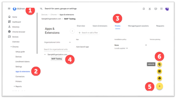 Screenshot of the Google Admin console showing the “Devices > Chrome > Apps & extensions” page. Six numbered callouts highlight steps: (1) the Admin console navigation menu icon in the top left, (2) the “Apps & extensions” option in the left sidebar, (3) the “Kiosks” tab at the top, (4) an organizational unit labeled “MAP Testing” selected in the main panel, (5) a yellow circular “+” add button in the lower right, and (6) an “Add by ID” button above the add icon.