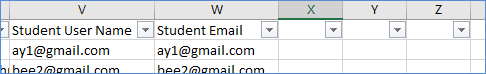 Partial screenshot of a roster file in Excel. Column W is populated with student emails. Columns X, Y, and Z are empty, but the first cell in each column has a drop-down menu.