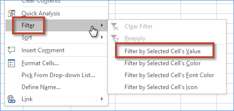 A contextual menu in Excel showing the Filter sub-menu with Filter by Selected Cell's Value selected.