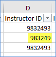 Instructor ID column in Excel, showing that one of the Instructor ID values does not match the others.