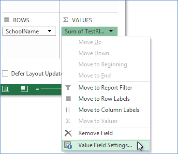 Screenshot of menu after clicking Sum of TestRITScore.