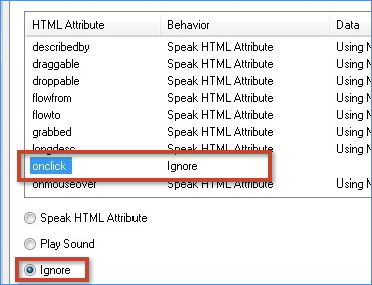 Screenshot of JAWS settings with the onclick attribute set to ignore.