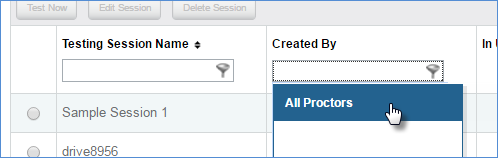 Screenshot of an empty Created By field with a menu below and All Proctors is selected