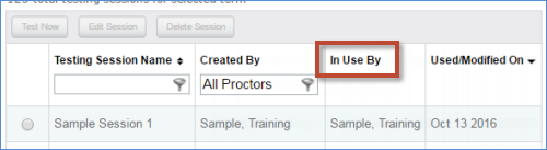 Screenshot of a list of Test Sessions with the In Use By column highlighted