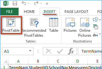 Screenshot of the Insert Pivot Table button in the Insert tab in Excel.