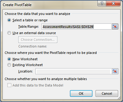 Screenshot of the Create Pivot Table dialog in Excel with default settings selected.