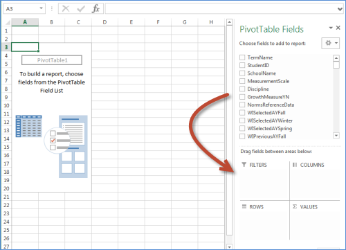 Screenshot of Excel with a blank pivot table and various options on the right.
