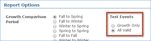 Screenshot of Report Options for the Student Progress report