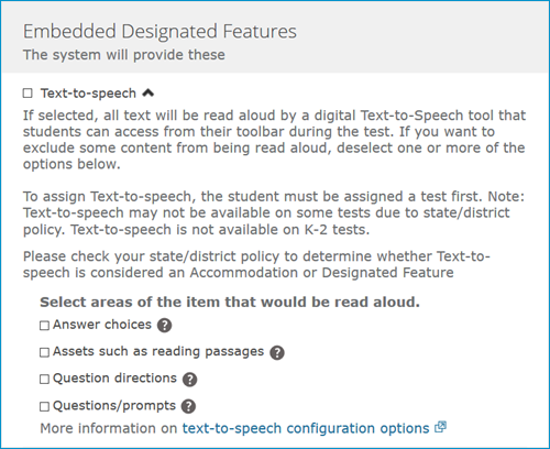 Screenshot of the options for assigning Text-to-Speech.