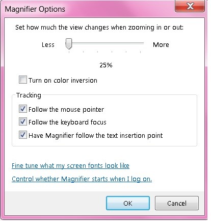 Screenshot of magnifier options window. Contains a slider allowing you to change the amount of magnification between each zoom level. Also has options to turn on color inversion, and change how the screen tracks the mouse pointer when magnification is enabled.