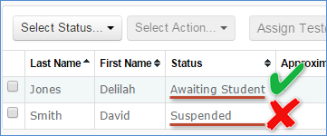 Screenshot of students in proctor screen. One student's status is Awaiting Student, the other is Suspended.